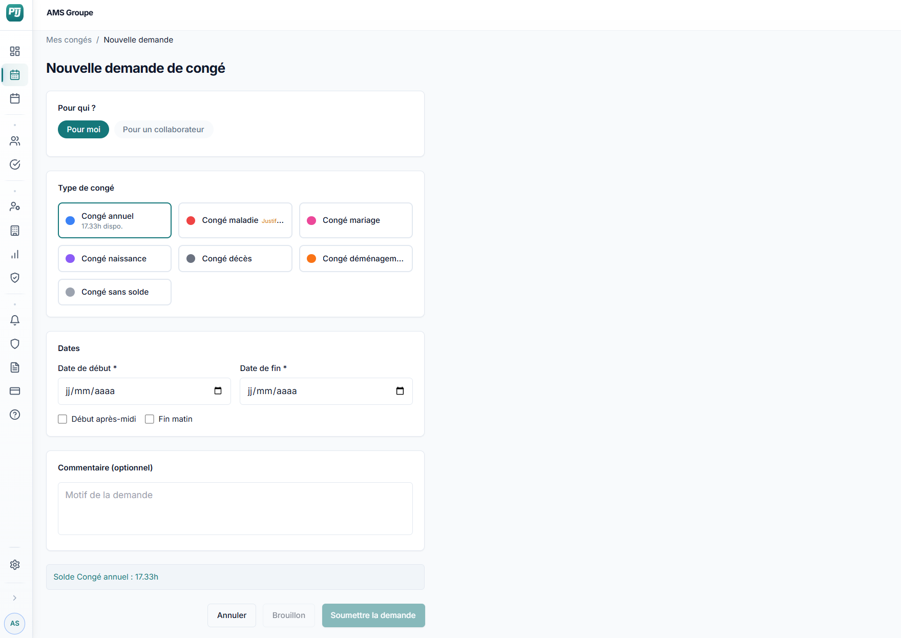 Interface PoseTonJour — Nouvelle demande de congé