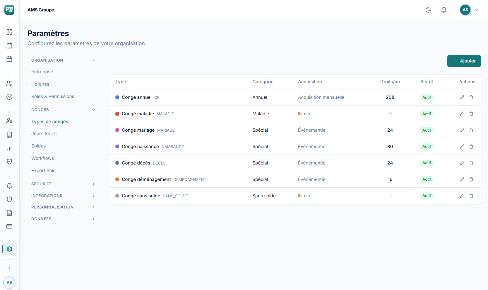 Paramétrage des types de congés PoseTonJour